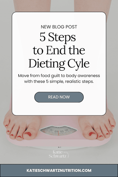 Image showing feet on a pink scale with text promoting blog post ‘5 Steps to Stop Yo-Yo Dieting’ from Katie Schwartz Nutrition.